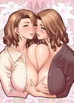  2girls breast_grab breast_press breasts brown_eyes brown_hair flower grabbing huge_breasts incest jewelry lips long_hair milf mishima_yumi multiple_girls ootake_nami original ring siblings symmetrical_docking tatsunami_youtoku twin_milf twincest twins wedding_band yuri 