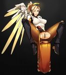  armor ass bad_id bad_pixiv_id bar_censor blonde_hair blue_eyes boots breasts censored covered_nipples fireflufferz large_breasts mechanical_halo mercy_(overwatch) overwatch pantyhose ponytail pussy smile solo spread_legs torn_clothes torn_legwear wings yellow_wings 