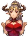  aliza_(granblue_fantasy) bare_shoulders blush breasts cleavage cleavage_cutout clenched_hands closed_mouth determined draph dress earrings eyelashes frown granblue_fantasy hair_pulled_back headpiece horns jewelry large_breasts long_hair looking_at_viewer pointy_ears ponytail red_dress red_eyes shiny shiny_skin silver_hair single_earring sleeveless solo upper_body wolfedge 