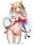  animal_ears bikini blonde_hair blue_eyes blush breasts cat_ears cat_tail cleavage earrings final_fantasy final_fantasy_xiv hair_ribbon jacket jewelry large_breasts looking_at_viewer miqo'te navel open_clothes open_jacket red_bikini ribbon senchat short_hair simple_background solo sweat swimsuit tail thighhighs twitter_username white_background white_legwear 