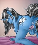  2016 absurd_res all_fours anthro anus biting_lip black_hair blush butt clitoris cutie_mark dock equine eyes_closed fan_character hair hi_res horn mammal mimosapixie my_little_pony nipples pussy raised_tail simple_background spread_pussy spreading unicorn 
