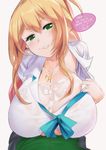  1girl blonde_hair breasts cleavage cum cum_on_body cum_on_breasts cum_on_upper_body earrings english green_eyes hajimete_no_gal hetero highres huge_breasts jewelry long_hair looking_at_viewer maydrawfag naughty_face necklace open_clothes open_shirt paizuri paizuri_under_clothes pov shirt smile solo_focus yame_yukana 