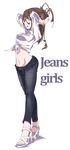  arms_up brown_hair denim english front-tie_top full_body gokuu_(acoloredpencil) groin high_heels highres jeans long_hair midriff navel open_mouth original pants ponytail shirt solo standing tied_shirt 