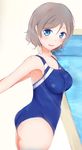  arms_behind_back ass bad_id bad_pixiv_id bare_shoulders blue_eyes blush breasts brown_hair competition_school_swimsuit competition_swimsuit cowboy_shot highres looking_at_viewer love_live! love_live!_sunshine!! mitsuba_(watergarden) one-piece_swimsuit open_mouth pool poolside short_hair sketch smile solo standing swimsuit watanabe_you water 