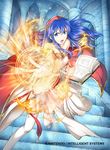  bare_shoulders blue_eyes blue_hair book casting_spell company_name copyright_name dress fire fire_emblem fire_emblem:_fuuin_no_tsurugi fire_emblem_cipher hat high_heels jewelry lilina long_hair official_art solo strapless strapless_dress thighhighs yamada_koutarou 
