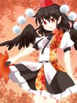  autumn_leaves bad_id bad_pixiv_id black_hair black_wings chako_(chakoxxx) hat highres leaf_fan pointy_ears red_eyes shameimaru_aya short_hair solo thighhighs tokin_hat touhou wings 