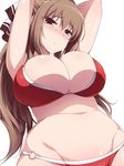  1girl amagi_brilliant_park animated animated_gif arms_behind_head bikini blush bow breast_expansion breasts brown_eyes brown_hair bursting_breasts chance_maker cleavage groin hair_bow large_breasts long_hair mound_of_venus navel o-ring o-ring_bikini o-ring_bottom plump ponytail red_bikini sento_isuzu smile solo swimsuit 