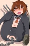  1girl anal anal_beads anal_object_insertion blush brown_hair cameltoe collagen decensored hair_ornament hairclip highres ikazuchi_(kantai_collection) kantai_collection leggings looking_at_viewer navel object_insertion open_mouth pantyhose school_uniform serafuku solo sweat torn_clothes torn_pantyhose uncensored 