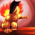  2015 5_fingers ambiguous_gender anthro anthrofied black_fur fire fur looking_at_viewer minami_juuji nintendo nude pok&eacute;mon pok&eacute;morph pose red_background red_eyes simple_background solo thumbs_up typhlosion video_games yellow_fur 