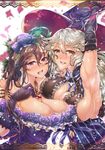  arm_up armpits blonde_hair breasts brown_hair commentary_request flower granblue_fantasy hair_flower hair_ornament hat lace_border large_breasts long_hair magisa_(granblue_fantasy) multiple_girls purple_eyes red_eyes rosetta_(granblue_fantasy) silver_trim sweat wakura_(gcdan) witch_hat 