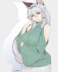  alternate_costume animal_ears bare_shoulders breast_hold breasts cat_ears detached_sleeves erune granblue_fantasy green_sweater grey_background hair_between_eyes hair_tousle hairband heles large_breasts light_smile long_hair masato_(mirai_koubou) ribbed_sweater silver_hair skirt skirt_set solo sweater turtleneck upper_body very_long_hair wide_sleeves yellow_eyes 