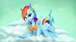  2016 absurd_res anthro anthrofied bottomless breasts clothed clothing cloud crossed_legs dock ear_piercing equine friendship_is_magic hair hi_res inner_ear_fluff looking_at_viewer lying mammal multicolored_hair my_little_pony on_front oneofyouare outside pegasus pendant piercing rainbow_dash_(mlp) rainbow_hair red_eyes sky small_breasts smile underboog underhoof wings 