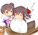  :&lt; akagi_(kantai_collection) apron black_eyes black_hair chibi closed_eyes commentary_request eating flying_sweatdrops food food_on_face japanese_clothes kaga_(kantai_collection) kantai_collection katanon_(suparutan) long_hair multiple_girls ohitsu onigiri oversized_object paw_print pleated_skirt print_apron rice rice_on_face rice_spoon side_ponytail skirt 