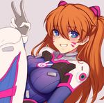  animal_print bangs blue_eyes blush bodysuit breasts bunny_print commentary cosplay covered_nipples d.va_(overwatch) d.va_(overwatch)_(cosplay) dutch_angle emblem evan_yang facial_mark from_side gloves grey_background grin hair_between_eyes hand_up happy headgear knee_up long_hair looking_at_viewer medium_breasts neon_genesis_evangelion orange_hair overwatch pilot_suit ribbed_bodysuit simple_background smile solo souryuu_asuka_langley turtleneck v very_long_hair whisker_markings 