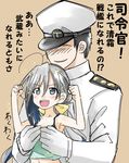  1boy 1girl admiral_(kantai_collection) ahoge alternate_costume armpits arms_up bare_arms bare_shoulders black_hair blue_hair breast_grab commentary_request dora_v_nu flat_chest flat_chest_grab gloves grabbing grey_eyes grey_hair hair_between_eyes hat highres kantai_collection kiyoshimo_(kantai_collection) long_hair md5_mismatch military military_hat military_uniform multicolored_hair open_mouth peaked_cap ponytail ribbon smirk sparkle translated uniform very_long_hair white_gloves yellow_ribbon 