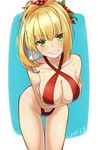  2016 ahoge bare_shoulders blonde_hair blush breasts cleavage collarbone cowboy_shot criss-cross_halter crossed_arms dated fate/extra fate_(series) green_eyes grin groin halter_top halterneck large_breasts leaning_forward lips looking_at_viewer nero_claudius_(fate) nero_claudius_(fate)_(all) rain_(nadroj31) shiny shiny_hair short_hair sideboob sidelocks slingshot_swimsuit smile solo sweat swimsuit thigh_gap 