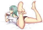  aqua_hair ass back bare_shoulders barefoot blue_eyes breasts feet food food_in_mouth full_body handheld_game_console kantai_collection large_breasts long_hair looking_at_viewer looking_back lying off_shoulder on_stomach panties playstation_portable pocky polka_dot polka_dot_panties soles solo suzuya_(kantai_collection) underwear wulazula 