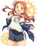  bad_id bad_pixiv_id blush breasts brown_eyes brown_hair buttons gears girls_und_panzer gym_shorts gym_uniform long_hair long_sleeves looking_at_viewer looking_to_the_side navel off_shoulder open_mouth pairan short_sleeves shorts small_breasts smile solo takebe_saori 