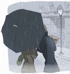  back bag brave_witches carrying commentary_request covered_face edytha_rossmann from_behind hat hat_loss hat_removed headwear_removed holding holding_umbrella implied_kiss lamppost multiple_girls outdoors paper_bag rain road shared_umbrella shiraba_(sonomama_futene) street umbrella waltrud_krupinski world_witches_series yuri 