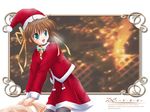  asakura_nemu bell black_legwear breath brown_hair copyright_name da_capo da_capo_i green_eyes hair_ribbon hat open_mouth ribbon sack santa_costume santa_hat short_hair skirt solo teruson_(passage_point) thighhighs wallpaper zettai_ryouiki 