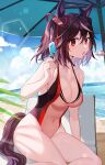  1girl ahoge akitsuki_(oenothera) animal_ears beach black_hair blue_sky breasts cloud collarbone day eyebrows_visible_through_hair food hair_between_eyes highres holding horse_ears horse_girl horse_tail kitasan_black_(umamusume) large_breasts looking_at_viewer ocean one-piece_swimsuit open_mouth parasol popsicle red_eyes short_hair sitting sky solo spoon swimsuit tail thighs umamusume umbrella 