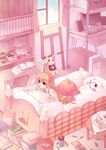  bad_id bad_pixiv_id barefoot bed bedroom book bookshelf bunny computer cup dress food_themed_ornament half_updo hase_neet headphones highres indoors long_hair lying messy_room oekaki_musume on_stomach orange_hair original paint_tube pencil pink plaid plaid_object room smile solo speaker striped striped_dress stuffed_animal stuffed_toy teddy_bear trash_can wooden_pencil 
