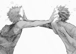  2boys bakugou_katsuki boku_no_hero_academia commentary commentary_request food highres honwaka_zz in_the_face messy_hair midoriya_izuku monochrome multiple_boys pie pie_in_face spiked_hair 