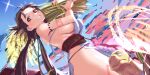  1girl bare_shoulders blue_sky body_markings breasts brown_eyes brown_hair dress facial_mark fate/grand_order fate_(series) forehead forehead_mark gradient_sky grin highres himiko_(fate) large_breasts long_hair looking_at_viewer magatama magatama_necklace pink_sky rice_planting sash side_slit sideboob sky smile thighs topknot tortoise tsuuhan turtle twintails white_dress 