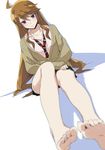  barefoot blue_eyes blurry brown_hair depth_of_field dutch_angle feet idolmaster idolmaster_million_live! kawaty long_hair looking_at_viewer pov_feet school_uniform simple_background sketch smile solo tokoro_megumi white_background 