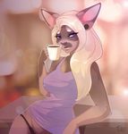  2016 anthro beverage big_breasts blonde_hair breasts brown_fur brown_nose cat clothed clothing coffee cup ear_piercing english_text eyeshadow feline female food fur hair half-closed_eyes inside looking_at_viewer makeup mammal pacevanrign piercing purple_eyes shirt signature solo text underwear wide_hips 