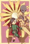  bald black_sclera brown_hair chibi crossed_arms green_eyes grey_skin jumpsuit lucifer_(shin_megami_tensei) multiple_boys nanashi_(shin_megami_tensei_iv_final) red_eyes shin_megami_tensei shin_megami_tensei_iv shin_megami_tensei_iv_final shooting-star sitting smirk throne uneven_eyes 