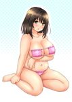  1girl blush breasts brown_eyes brown_hair cleavage full_body large_breasts looking_at_viewer mikan_kougyou navel open_mouth original plump sitting smile solo swimsuit 