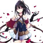  atelier_(series) atelier_meruru bike_shorts black_gloves black_hair capelet collarbone cowboy_shot dress gloves hair_ornament holding holding_weapon light_smile long_hair looking_at_viewer maromi_(am97) mimi_houllier_von_schwarzlang petals ponytail red_eyes shorts shorts_under_dress solo strapless strapless_dress thighhighs weapon white_background 