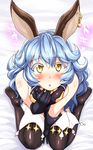  :o animal_ears bare_shoulders between_legs black_gloves black_legwear blue_hair blush breast_squeeze breasts commentary_request earrings erune ferry_(granblue_fantasy) gloves granblue_fantasy hand_between_legs jewelry kneeling long_hair looking_at_viewer medium_breasts pantyhose single_earring sitting skirt solo stiel wariza yellow_eyes 