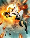  artist_name blonde_hair blue_eyes breasts bullet cleavage genzoman gun large_breasts marvel open_mouth sharon_carter sky solo teeth weapon 