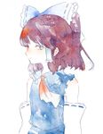  alternate_color alternate_costume anabone ascot blue_eyes bow brown_hair detached_sleeves hair_bow hair_tubes hakurei_reimu highres looking_at_viewer ribbon-trimmed_sleeves ribbon_trim simple_background solo touhou white_background white_sleeves wide_sleeves 