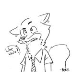  1:1 2016 animated anthro bore_(artist) canine clothed clothing digital_media_(artwork) disney ear_twitch english_text fox fur humor line_art mammal monochrome necktie nick_wilde portrait simple_background solo text what white_background zootopia 