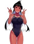  1girl artist_request black_eyes black_hair competition_swimsuit multicolored_hair simple_background swimsuit tan v white_hair white_pupil 
