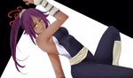  1girl arm_support armband armpits bent_knees black_clothes bleach breasts dark_skin elbow hair_ornament hair_ribbon high_ponytail highres light_smile long_hair looking_at_viewer open_mouth pose purple_hair ribbon shihouin_yoruichi shinigami sideboob sitting skin_tight solo yellow_eyes 