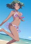  :d bare_arms bare_legs bare_shoulders barefoot beach bikini bikini_skirt blue_sky blush bouncing_breasts bracelet brazil brazilian breasts cloud collarbone dark_skin day dutch_angle floral_print green_hair horizon idolmaster idolmaster_cinderella_girls jewelry kawaty leg_up looking_at_viewer medium_breasts natalia_(idolmaster) navel open_mouth outdoors outstretched_arms purple_eyes running sand shore short_hair sky smile solo stomach strap_gap swimsuit white_bikini 