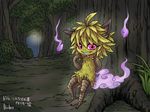  bubonikku feathers female fire forest grin imp japanese_text purple_eyes talons tan_feathers text translation_request tree 