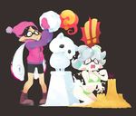  +_+ 2girls 3d_rod! ? aori_(splatoon) artist_name beanie bike_shorts bikini boots brown_background coat hat hotaru_(splatoon) multiple_girls pointy_ears sand_castle sand_sculpture silver_hair simple_background snowman splatoon_(series) splatoon_1 spoken_exclamation_mark spoken_question_mark swimsuit tentacle_hair winter_clothes winter_coat yellow_eyes 