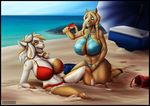  2014 anthro beach big_breasts bikini black_border blonde_hair blue_eyes border bovine braided_hair breasts brown_fur brown_hair bucket cleavage clothed clothing cooler day digital_media_(artwork) duo elaine equine female fur hair hair_ornament holding_object horn horse kneeling mammal milkymaiden multicolored_hair open_mouth outside pigtails purplepardus reclining sand sea seaside shovel sky smile swimsuit tauren teeth twin_braids two_tone_hair umbrella video_games warcraft water watermark white_hair 