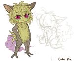  blush bubonikku feathers female imp purple_eyes smile solo talons tan_feathers 