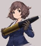  akiyama_yukari bangs blue_jacket brown_eyes brown_gloves brown_hair girls_und_panzer gloves grey_background holding jacket long_sleeves looking_at_viewer messy_hair military military_uniform ooarai_military_uniform short_hair simple_background sketch smile solo tank_shell uniform upper_body yashigaras 