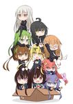  :o ahoge arm_up armband black_hair black_legwear black_serafuku blonde_hair blue_eyes blue_jacket blush box brown_eyes brown_hair bunny_hair_ornament cardboard_box chibi closed_eyes crescent crescent_hair_ornament crescent_moon_pin crossed_arms crossed_legs fumizuki_(kantai_collection) green_eyes green_hair hair_ornament hair_ribbon hand_on_own_cheek hand_on_own_face hands_on_own_knees highres in_box in_container jacket kantai_collection kikuzuki_(kantai_collection) kisaragi_(kantai_collection) kneehighs long_hair long_sleeves looking_at_viewer low-tied_long_hair low_twintails mikazuki_(kantai_collection) mochizuki_(kantai_collection) multiple_girls mutsuki_(kantai_collection) nagatsuki_(kantai_collection) neckerchief necktie open_hands open_mouth outstretched_arms pink_hair ponytail purple_eyes purple_hair red_eyes red_hair remodel_(kantai_collection) ribbon satsuki_(kantai_collection) school_uniform serafuku short_hair short_hair_with_long_locks simple_background sitting sitting_on_head sitting_on_person skirt smile spring_onion thighhighs too_many twintails uzuki_(kantai_collection) v_arms white_background white_hair white_legwear white_neckwear yamato_tachibana yayoi_(kantai_collection) yellow_eyes yellow_neckwear 