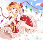  animal animal_on_hand balloon barefoot bird blonde_hair blue_sky cloud day dress feathers flandre_scarlet flower frilled_dress frills hair_flower hair_ornament highres mumu-crown petals petticoat red_eyes short_hair sky smile solo touhou white_feathers 