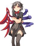  asymmetrical_wings black_dress black_hair black_legwear bow bowtie dress hasebe_yuusaku houjuu_nue jpeg_artifacts looking_at_viewer red_eyes short_dress short_hair short_sleeves simple_background sitting smile solo thighhighs touhou white_background wings wrist_cuffs 