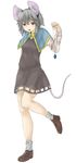  animal_ears capelet eyebrows eyebrows_visible_through_hair full_body grey_hair highres jewelry long_sleeves loose_socks mouse_ears mouse_tail nazrin netamaru open_mouth pendant red_eyes short_hair simple_background socks solo standing standing_on_one_leg tail touhou white_background 