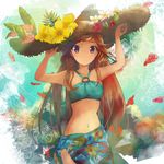  abstract_background anthurium arms_up bad_id bad_pixiv_id bandeau bikini brown_hair cowboy_shot day floral_print flower flower_request halterneck hands_on_headwear hat hat_flower highres long_hair looking_at_viewer narrow_waist navel o-ring o-ring_top original outdoors plumeria purple_eyes sakisato_kiriko sarong sketch smile solo straw_hat sun_hat swimsuit very_long_hair 